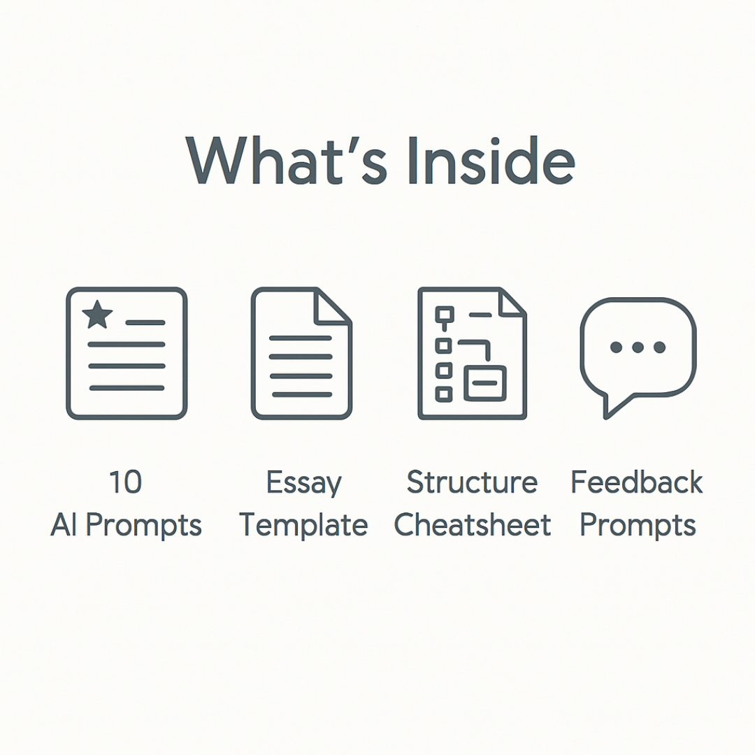 What’s inside the Essay AI Study Bundle – 10 AI prompts, essay template, structure cheatsheet, and feedback prompts.