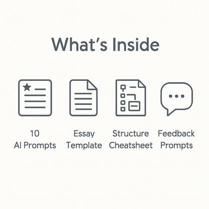 What’s inside the Essay AI Study Bundle – 10 AI prompts, essay template, structure cheatsheet, and feedback prompts.