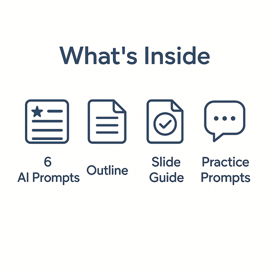 What’s inside the Presentation & Speech Helper – includes 15 AI prompts, outline, slide guide, and practice prompts.