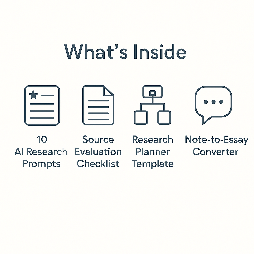 What’s inside the Research Helper Pack – includes 10 AI research prompts, source evaluation checklist, research planner template, and note-to-essay converter.