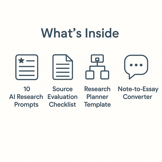 What’s inside the Research Helper Pack – includes 10 AI research prompts, source evaluation checklist, research planner template, and note-to-essay converter.