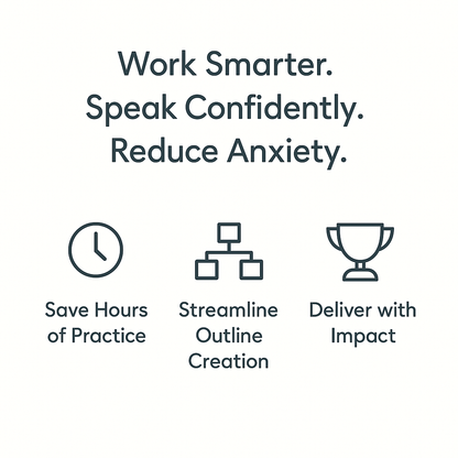 Benefits of the Presentation & Speech Helper – save hours of practice, streamline outline creation, and deliver with impact.